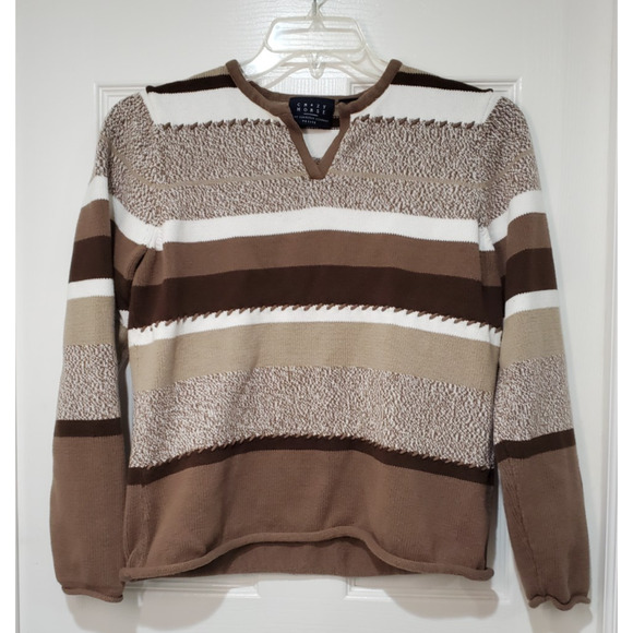 Liz Claiborne Sweaters - Crazy Horse by Liz Claiborne Women’s Petite MD Sweater Brown Beige Striped V-Nec